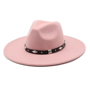 Detail of pink wool fedora hat with 9.5cm wide brim and studded black leather band