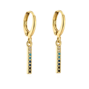 18K gold plated earrings with geometric pendants set with blue, white, and black zircons