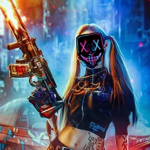 Cyberpunk LED mask with pink and blue EL wire worn by model in a futuristic city setting