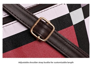 Détail de la boucle en métal doré et de la bandoulière en toile à carreaux du sac