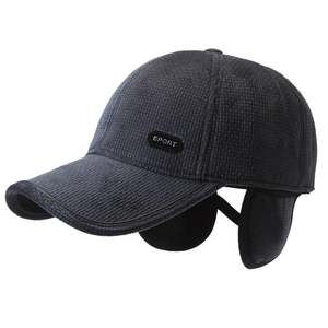 Marineblaue Herren-Wintermütze mit Ohrenklappen und Sport-Etikett für Kälteschutz