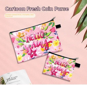 Detail of pink floral makeup pouches set with HELLO Spring print and zipper closure