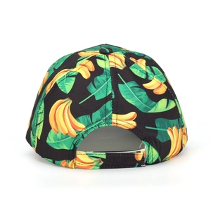 Baseball cap with tropical banana and leaf print featuring adjustable back closure