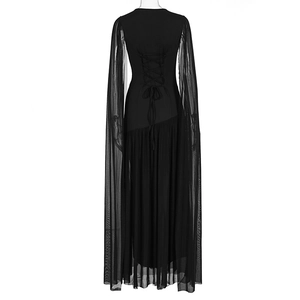 Detail of elegant black gothic maxi dress featuring lace-up back and long sheer mesh sleeves