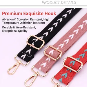 Adjustable wide canvas bag strap with chevron pattern and gold metal hooks