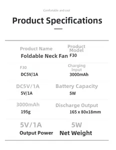 Detailed specification sheet of the portable F30 fan with 3000mAh battery and USB charging