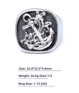 Detailed size and weight specs for vintage punk stainless steel anchor relief square ring