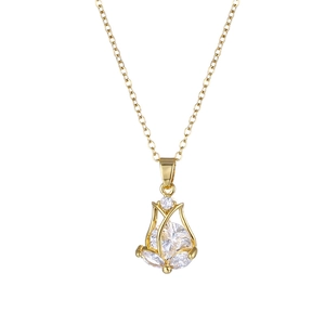 Gold tulip pendant necklace with sparkling cubic zirconia on a fine stainless steel chain