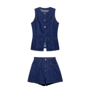 Women Denim Vest And High Waist Shorts Sleeveless Button Down Top Pocketed Casual Streetwear Summer Outfit