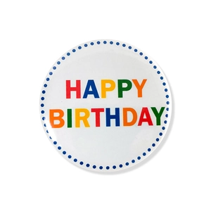Detail of white Happy Birthday badge featuring colorful lettering and a polka dot border