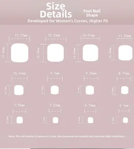 Guide des tailles détaillé pour 24 faux ongles de pieds avec 12 dimensions et mesures précises