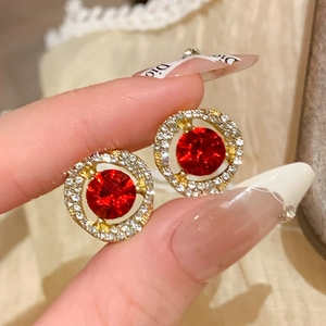 Pendientes de Botón Redondos de Strass Rojos Vintage Con Poste de Plata Pendientes de Aleación de Oro Refinados para Mujer Joyería
