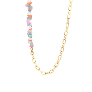 Bohemian gold stainless steel necklace with multi-colored irregular natural crushed stones