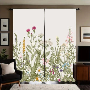 Detail of dinosaur world curtains with hand-painted wildflower pattern in living room setting