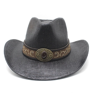 Western straw cowboy hat with wide brim, brown floral embroidery and bronze medallion