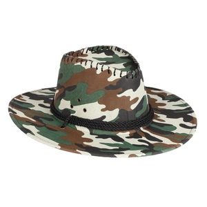 Classic jungle camouflage cowboy hat with black braided rope and side ventilation holes