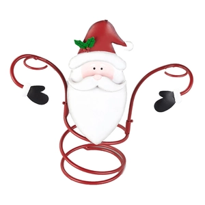 Detail of Santa Claus wine bottle holder with red metal spiral body and festive holiday design