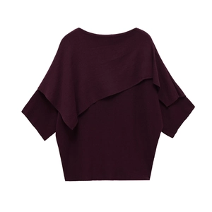 Elegant dark purple knit top with asymmetrical cape design and boat neck for women