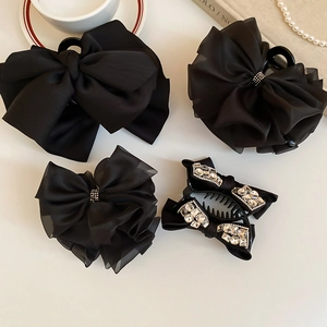 Eleganti mollette per capelli con fiocchi neri, strass e finitura satinata in stile francese