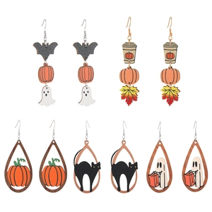 Set of 5 Halloween wooden earrings featuring pumpkin, ghost, and bat festive designs
