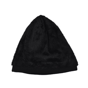Close-up of black winter beanie featuring thick thermal fleece lining and ribbed knit edge
