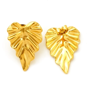 Golden stainless steel leaf drop earrings with pleated design for elegant women fashion