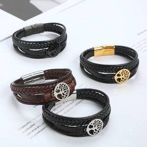 Multilayer leather bracelet with Tree of Life charm and magnetic clasp in black and brown