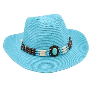 Close-up of sky blue straw fedora hat featuring turquoise gemstone and wooden bead band