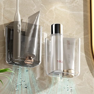 Minimalist wall-mounted bathroom organizer with drain holes for toothbrushes and skin care