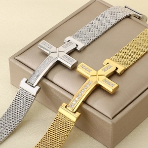 Gold and silver stainless steel mesh cross bracelets with zircon inlay on jewelry box