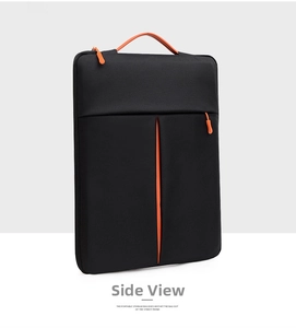 Macro detail of the waterproof black laptop sleeve with orange zipper and pockets