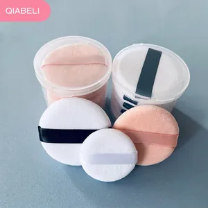 Soft crystal velvet makeup puff set in white and peach with clear plastic storage tube