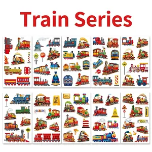 Set of 10 waterproof cartoon train temporary tattoos for kids featuring steam locomotives