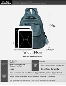 Detailed size chart of textured PU leather backpack with iPad dimension comparison