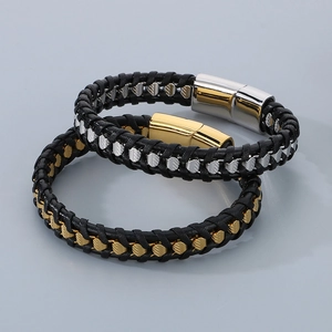 Men's woven black leather bracelets with silver and gold metal accents and magnetic clasp