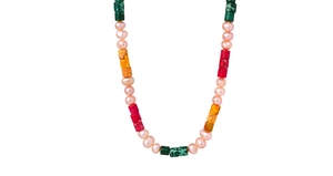 Close-up of colorful beads and freshwater pearls on the vibrant handmade necklace
