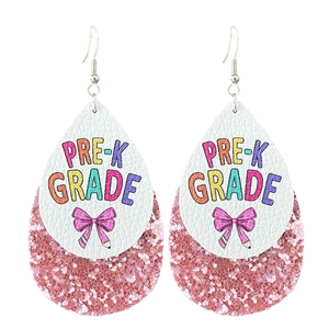 Tear drop layered earrings with pink glitter and Pre-K Grade print on white faux leather