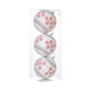 Set of three white Christmas foam ornaments with red snowflakes and silver glitter texture