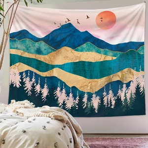 Detailed view of mountain landscape wall tapestry in a bedroom with forest and sunset