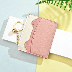 Women Card Holder Wallet PU Leather Litchi Grain Color Block Cat Ear Design Zipper Coin Purse With Keychain Bell For Daily Use