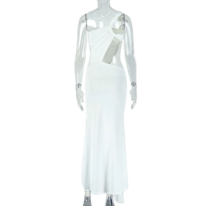 Close-up of white one-shoulder maxi dress featuring waist cutout and pleated details