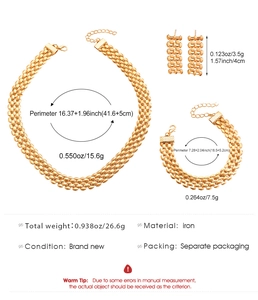 Detailed view of golden metal jewelry set including necklace, bracelet and earrings dimensions