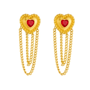 Gold plated stainless steel earrings with red heart gems and elegant fringe chains