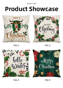 Detail view of four Christmas linen pillow covers with reindeer and winter motifs