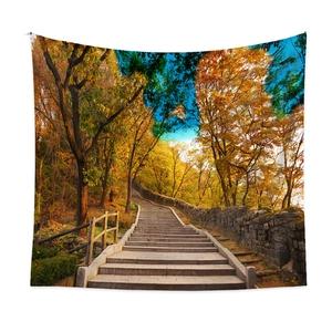 Detailed close-up of a high-definition forest landscape tapestry with autumn stone steps