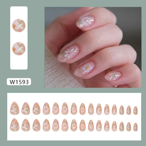 Faux ongles amande roses avec motifs floraux blancs et feuilles dorées, 30 pièces