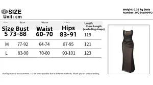 Detailed size chart for ruched mesh bodycon dress including bust, waist, and hips measurements