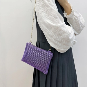 Chic purple rhinestone clutch with gold chain strap, luxury evening shoulder bag for women