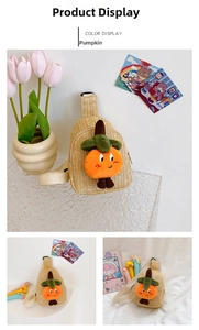 Detailed view of hand-woven straw crossbody bag featuring a cute 3D plush pumpkin decor