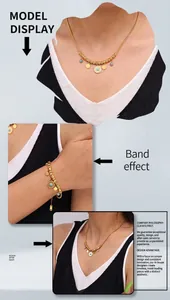 Model wearing gold 18k plated titanium steel necklace and bracelet set with turquoise beads